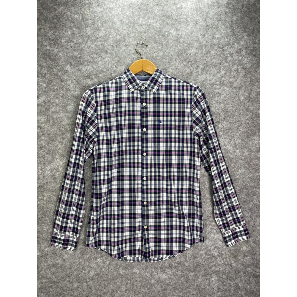 Penguin Shirt Mens Small Plaid Button Down Long Sleeve Blue Purple Check Casual